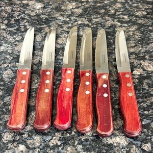 TRAMONITNA STEAK KNIVES  W HOODEN HANDLES LOT OF 6